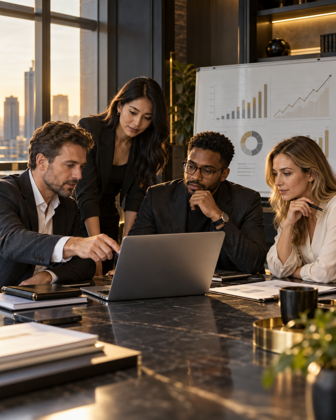 Business professionals collaborating around a laptop with financial charts in the background
